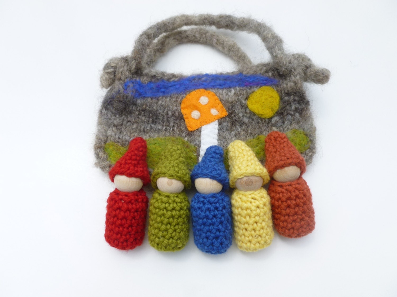 Gnomes in a pouch set wood peg dolls felted pouch
