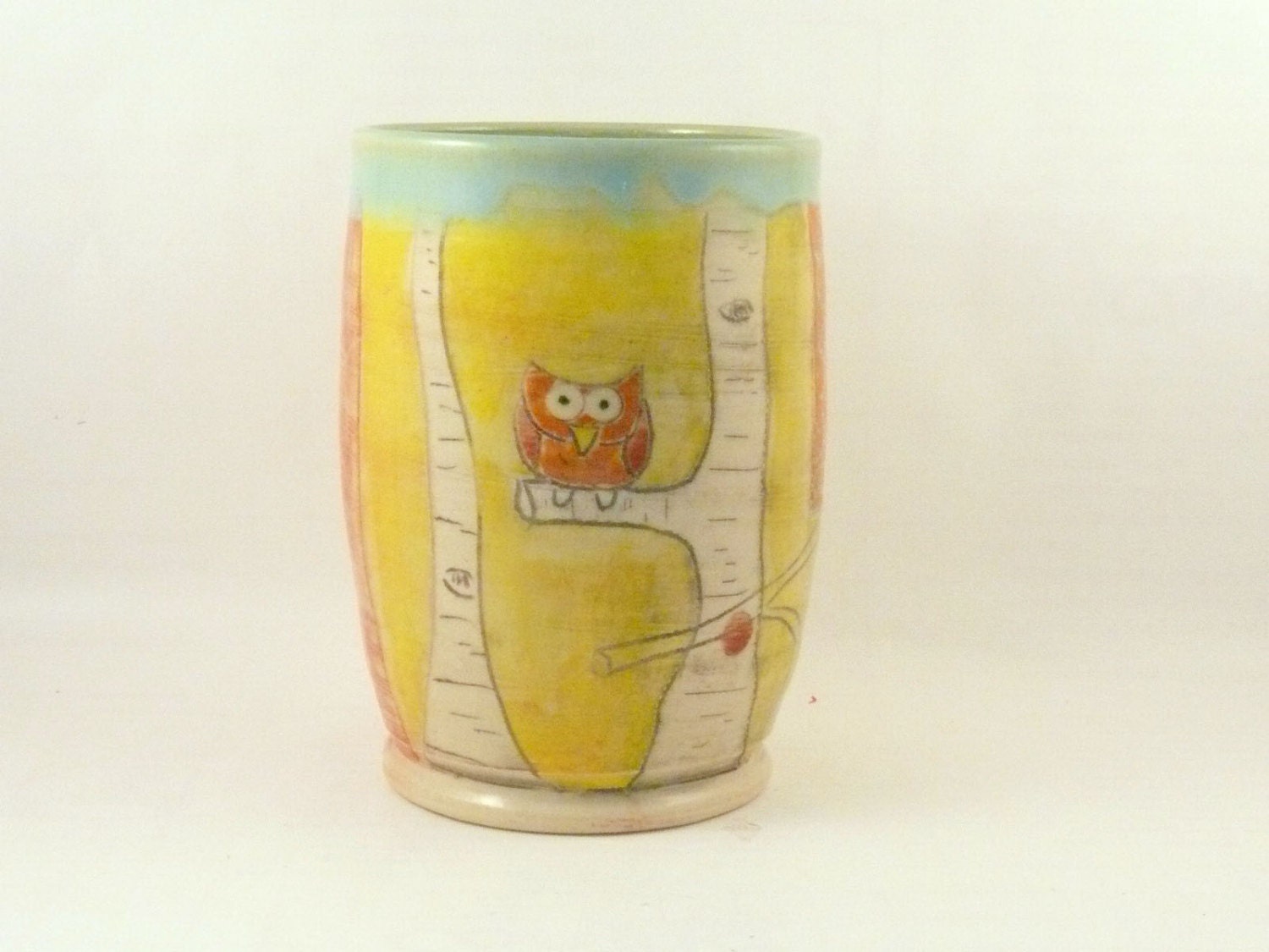 Handmade Ceramic Tumbler with owl -  Teacup,  or Vase Pencil holder desk accessory toothbrush holder T39 holds 20 ounces - Ready2Ship