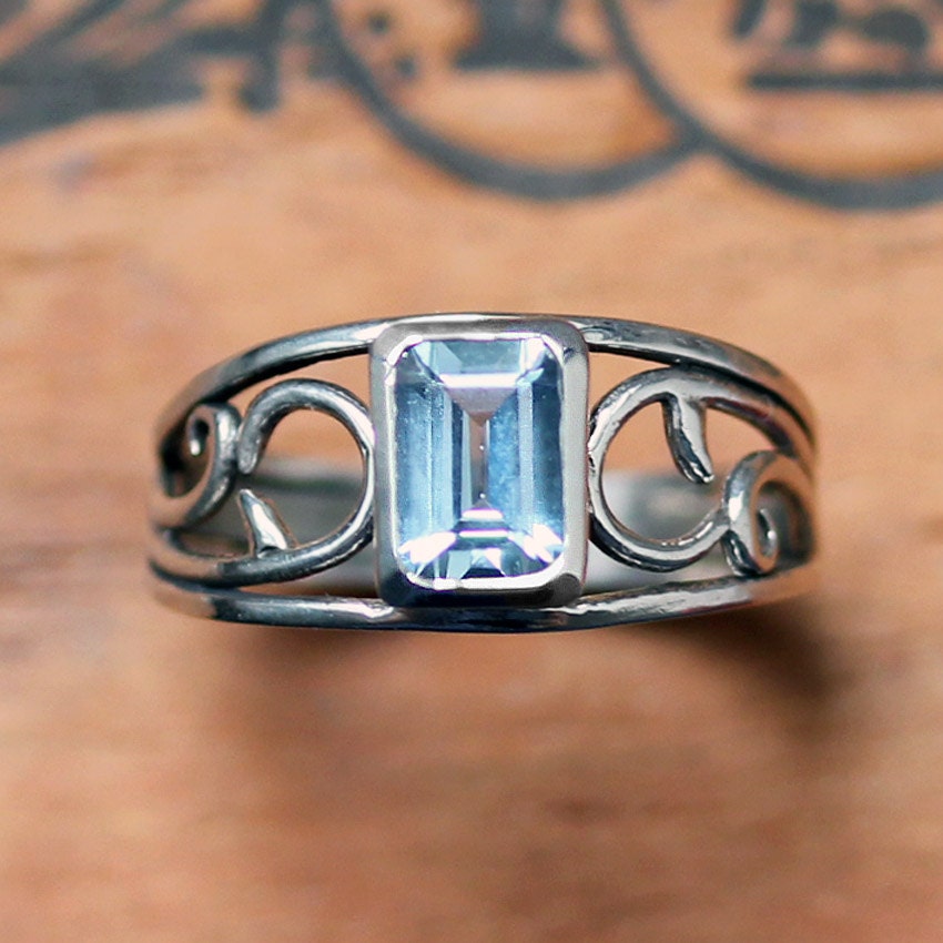 Silver vine ring - Sky blue topaz ring - emerald cut - vine thorns - December birthstone - baby blue - made to order
