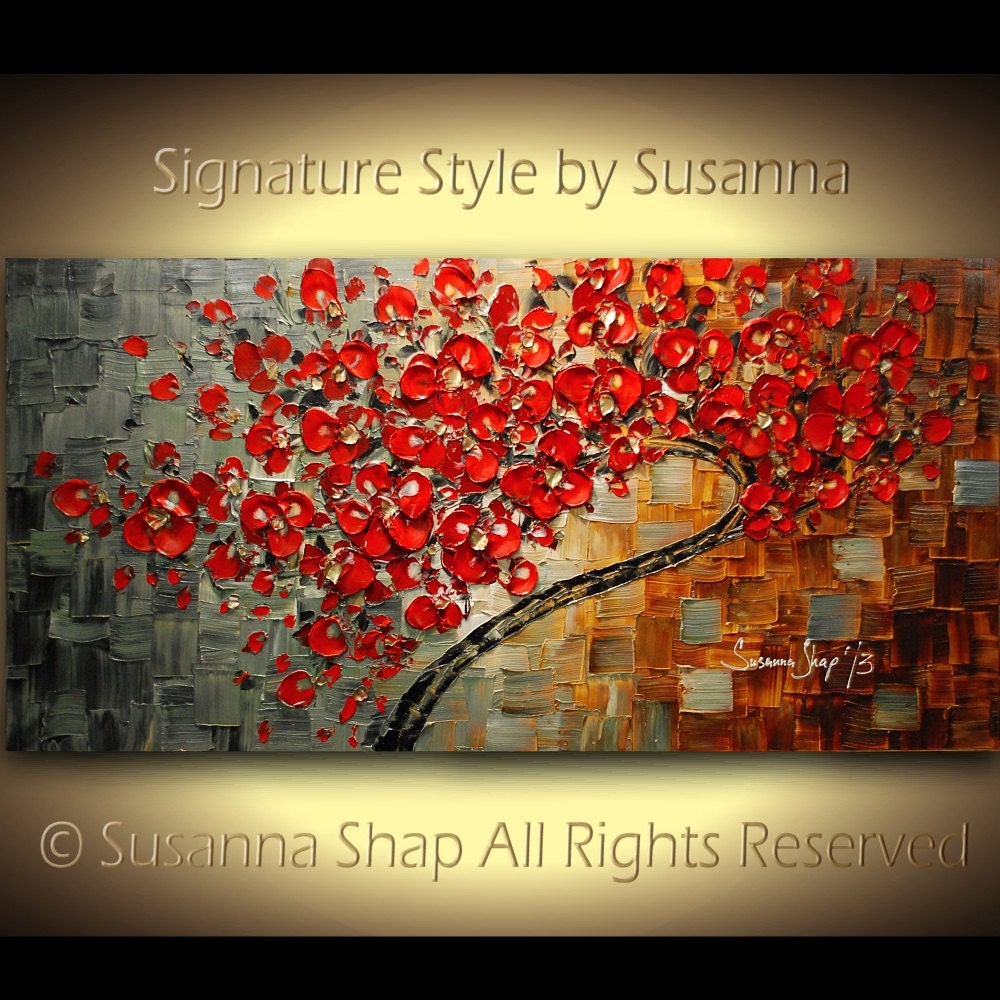 ORIGINAL Large Abstract Contemporary Red Cherry Blossom Tree Oil Painting Thick Texture Gallery Fine Art by Susanna Ready to Hang 48x24