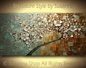 ORIGINAL Tree Painting - Large Textured White Cherry Blossom Tree Abstract Oil Painting Gallery Fine Art by Susanna Ready to Hang 48x24