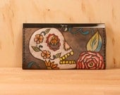 Leather Checkbook Wallet - Carved Sugar Skull and Roses in Red, White and Antique Black