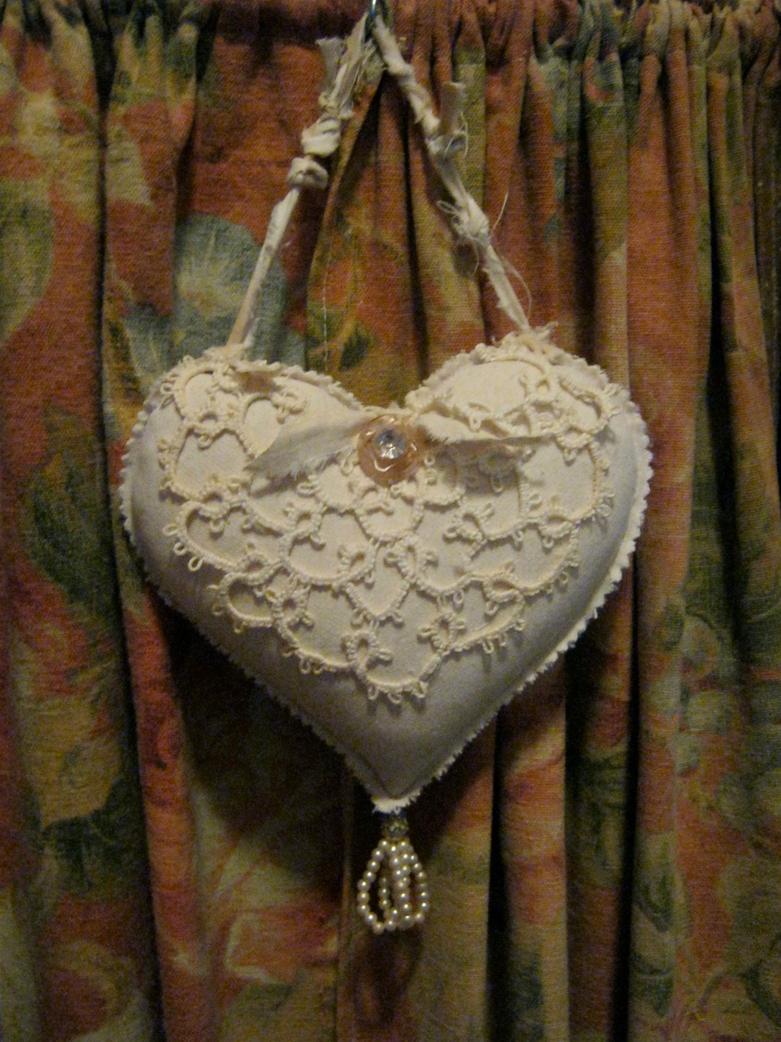 heart shabby chic pillow- romantic heart- fiber art- frayed edges- pearls- vintage rhinestone button