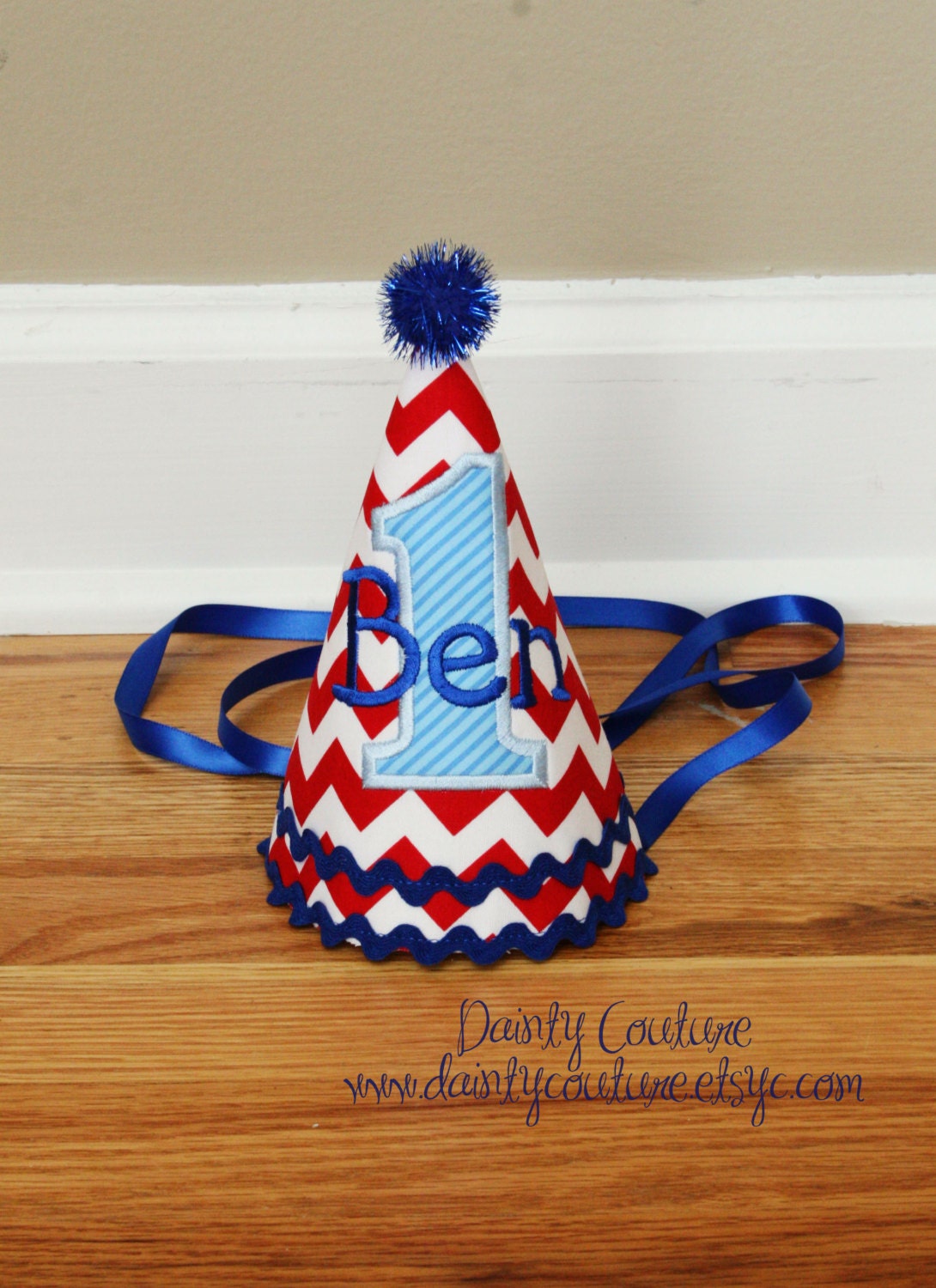 Boys 1st Birthday Party Hat - Red chevron with blue accents - Free personalization