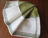 Vintage Linen Towel Circa 1960 Mid Century Avocado Green Damask on Summer White Linen Horn of Plenty Pattern