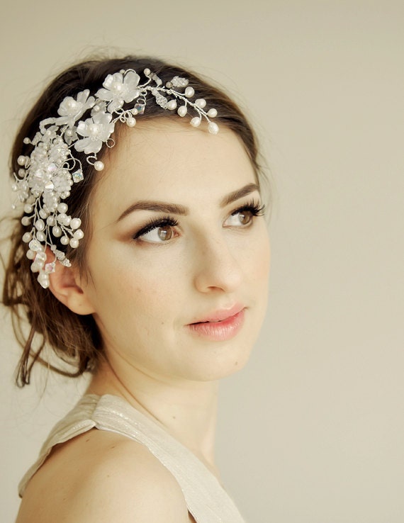 Bridal headpiece, wedding hair vine - crystal and pearl headdress vintage flower beads LE PRINTEMPS