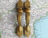 2 vintage brushed goldtone brass metal vertical pull handles includes hardware