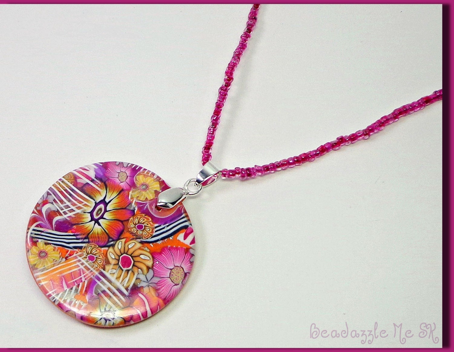 polymer clay Hot Pink & Orange Flower Pendant, jewelry