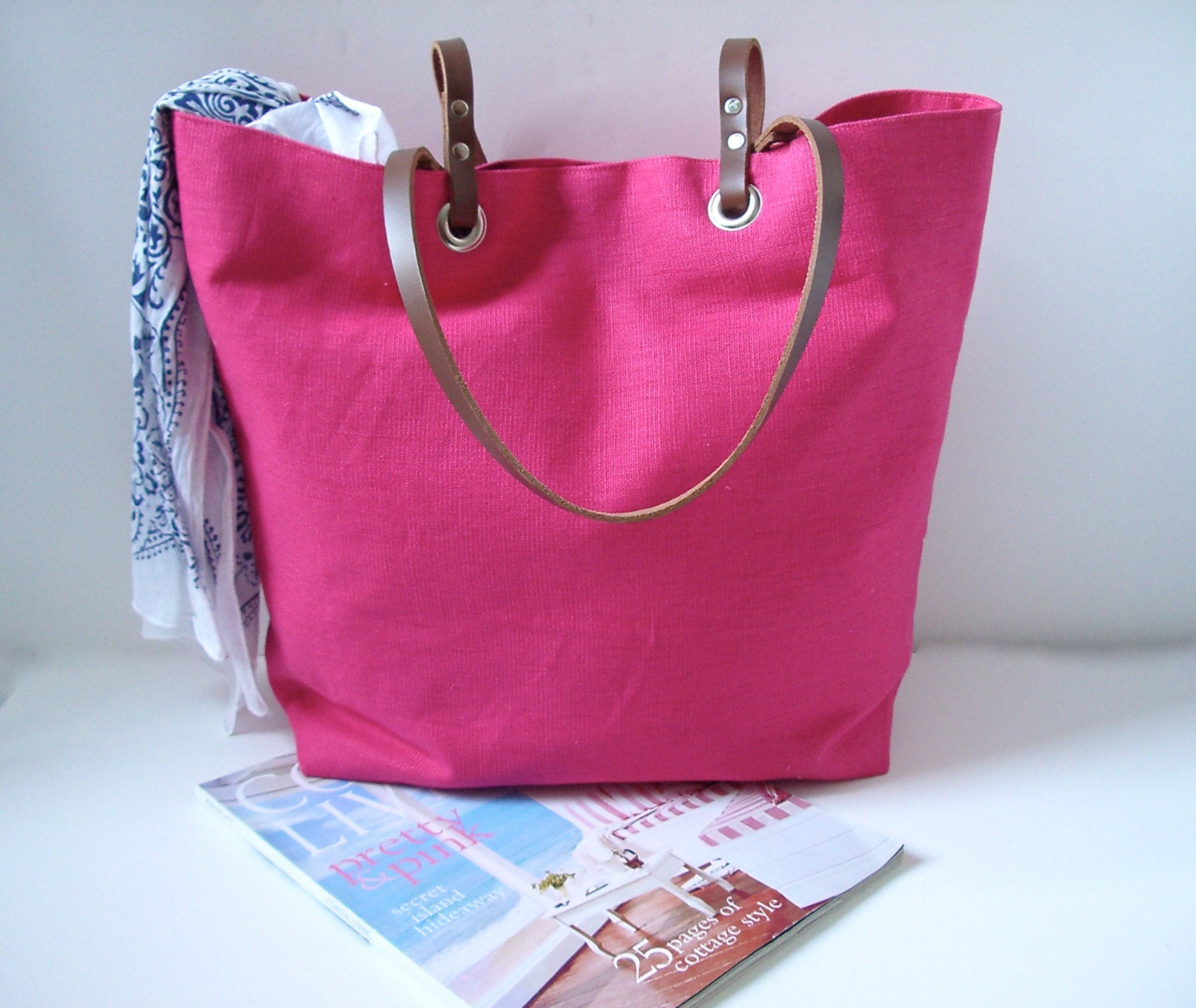 Tote Bag, Hot Pink Beach Bag, Bright Pink Tote, Neon Pink, Vacation Tote Bag, Linen Handbag, Linen Tote for Women
