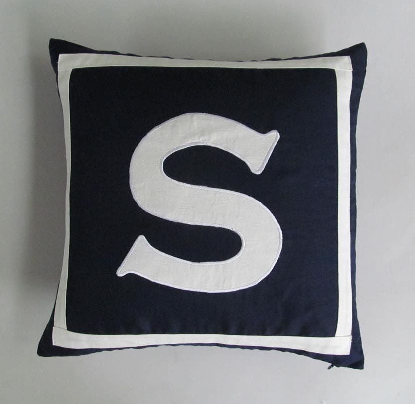 Letter S monogram pillow in navy /midnight blue and white 16 inch IN STOCK