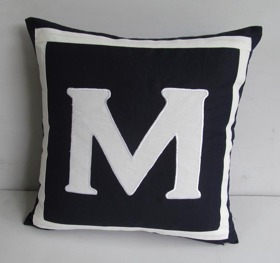 Letter M monogram pillow midnight blue and white 16 inch IN STOCK