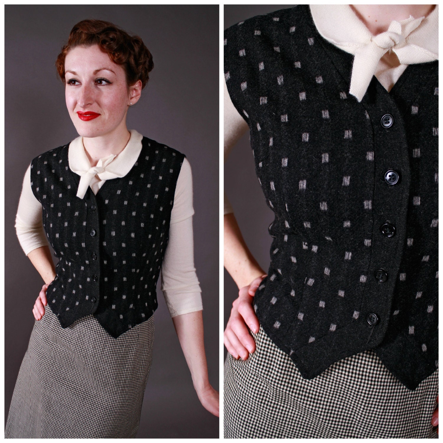 Vintage 1950s Vest - Tailored Grey Wool Fitted Vest