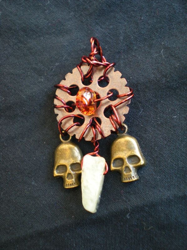 Wire Wrapped STEAMPUNK PENDANT - Airship Pirate Piece with Copper Wire, Skull Charms, Crystals and Cogs - Dress Up - Gift - Fashion - Fun
