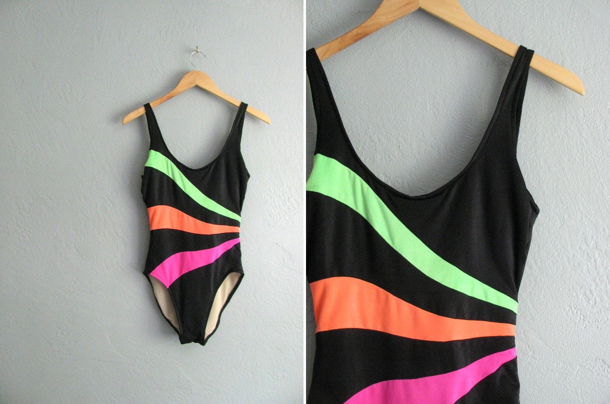 vintage '80s black one-piece BATHING suit with NEON STRIPES. size 12 (l).