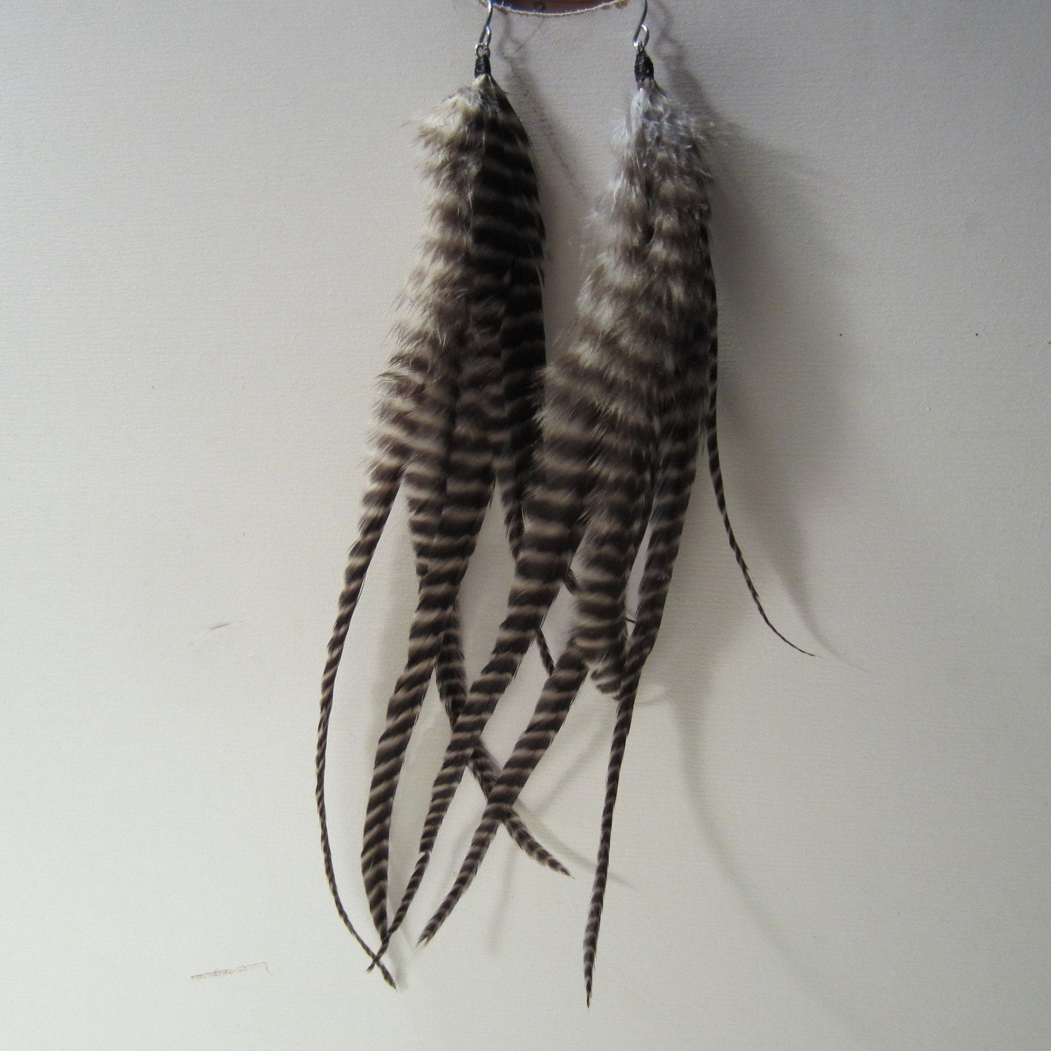 Feather Earrings long thick Tiger Stripe dangler