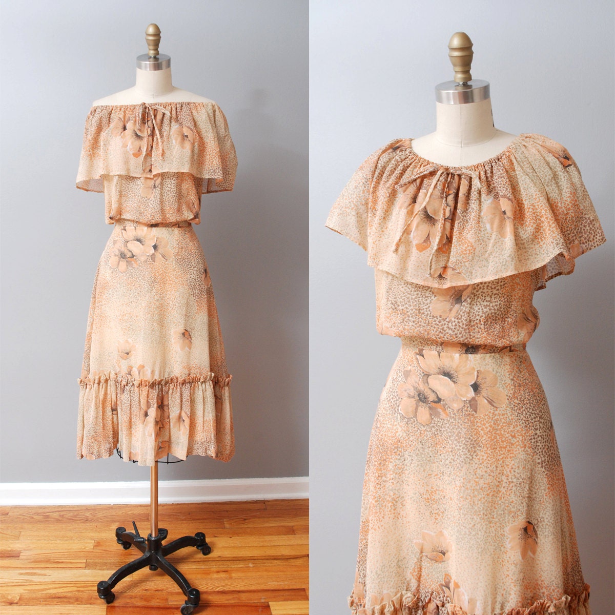 1970s Dress Set - Peach Floral Ruffle Blouse and Skirt
