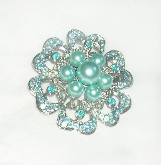 Vintage Aqua Flower Brooch with Pearls