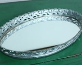Vintage Fancy Oval Shaped Silver Metal Mirror Vanity Tray