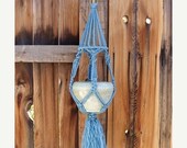CIJ-JULY 4TH Sale Lovely Small Denim Blue Bird Cage Style Macrame Plant Hanger 22", 32" Total Length