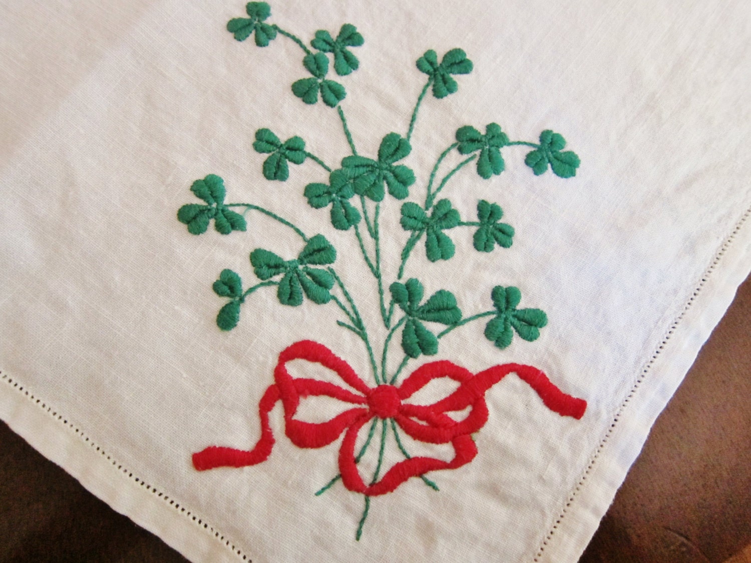 Irish linen tablecloth , hand embroidered , shamrocks , spinning ,
