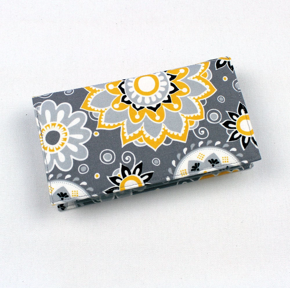 Fabric Checkbook Cover for Duplicate Checks with Pen Holder in Gray and Yellow