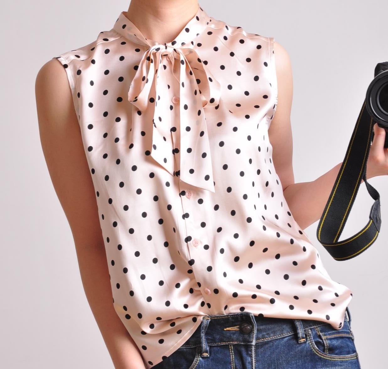 Pink Black Polka Dots Silk Satin Bow Ribbon Tie Sleeveless Shirt