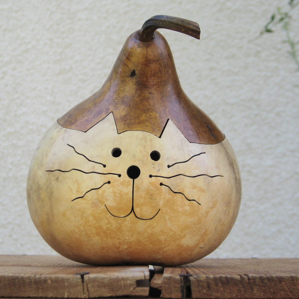 Cat Gourd Kitty Natural Unique Carved Centerpiece Decoration