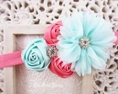 Coral Pink and Aqua Blue Headband, Satin & Chiffon Flower Cluster w/ Rhinestones Headband or Barrette, Photo Prop, Child Girls Headband