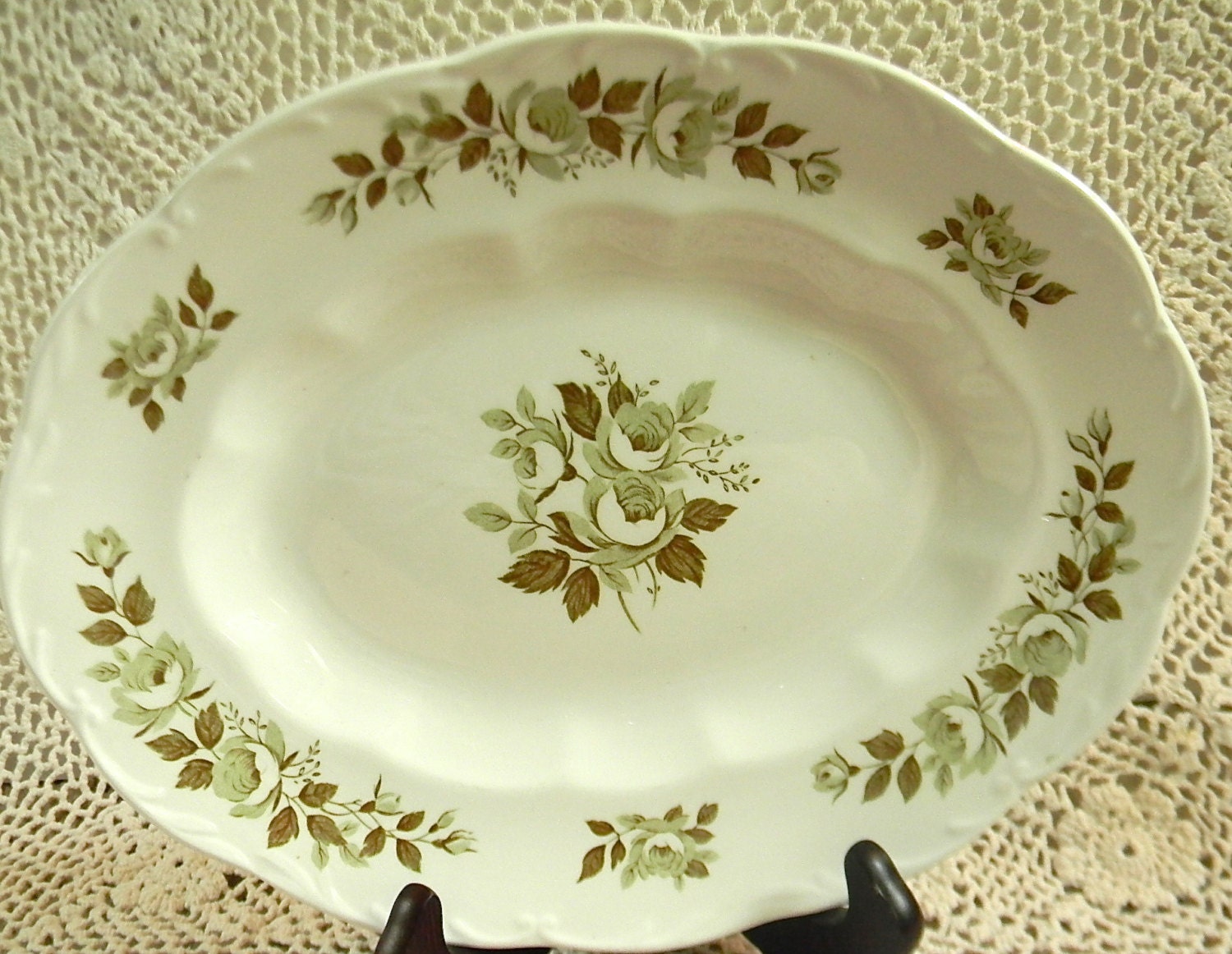 Vintage Sage / Olive Green Transferware Chantilly Roses Vintage English Platter can be displayed vertically or horizontally