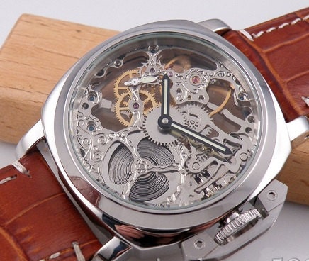 Steampunk skeleton Mechanical Watch Unisex Genuine leather Watch with a full skeleton pattern with a Black real leather band Free Shipping