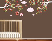 Baby nursery tree branch decal flowers clouds birds wall decal sticker