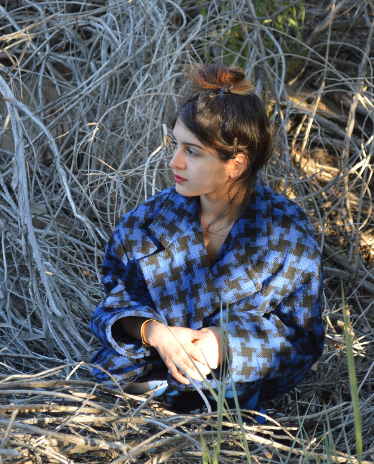 Coat Houndstooth Blue and Black Wool 1980s Vintage Size  Medium M
