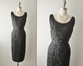 50's Sequin Wiggle Dress // Vintage 1950's Black Sequin Hourglass Marilyn Monroe Cocktail Party Wiggle Dress XS