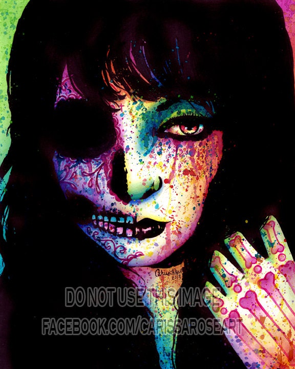 Fatal Romance- Dia De Los Muertos Half Skeleton portrait - 8x10 in Art Print