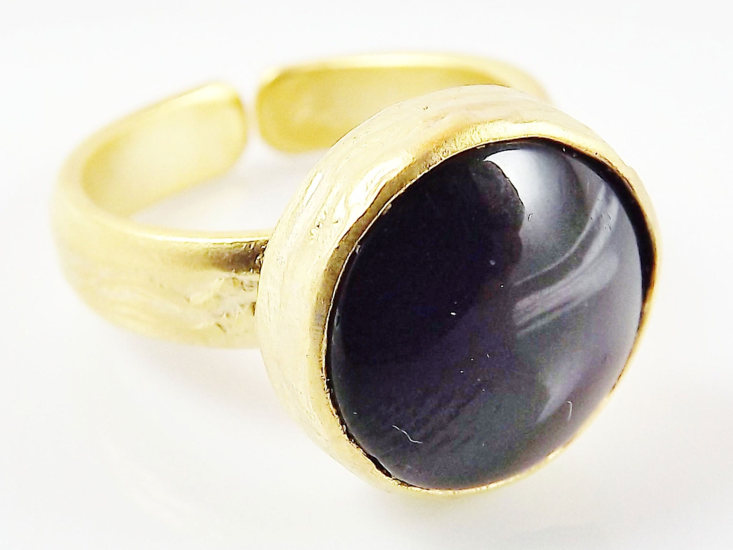 Round Black Onyx Stone Adjustable Cocktail Statement Ring - 22k Matte Gold Plated - 1PC