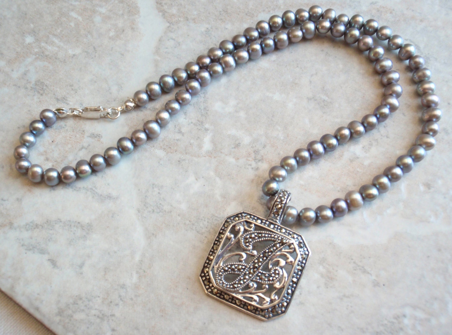 Blue Gray Freshwater Pearls with Sterling Silver Marcasite J Initial Monogram