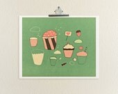 Deconstructed Sweetness 8x10 / Illustration, Digital Print, Kitchen Decor, Food Art, Cupcakes, Baking, Love, Quirky Romance, Hearts, Pink