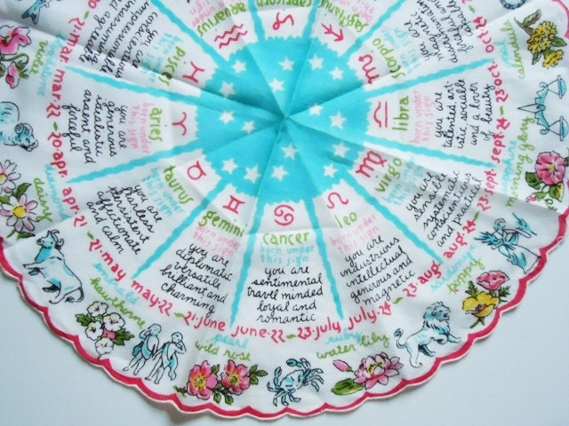 Round Zodiac Handkerchief Hankie in Turquoise - Vintage Astrology Hankie Handkerchief