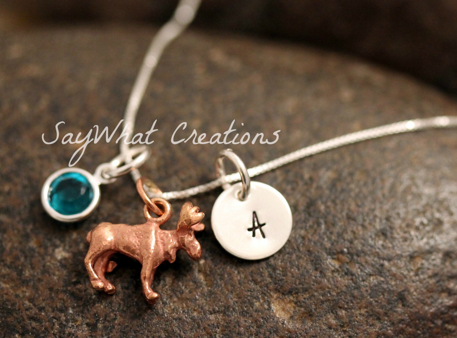 Sterling Silver Mini Initial Charm Necklace with Copper Moose Charm and birthstone