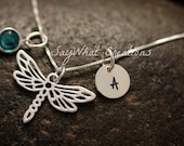 Sterling Silver Mini Initial Charm Necklace with Dragonfly Charm and birthstone