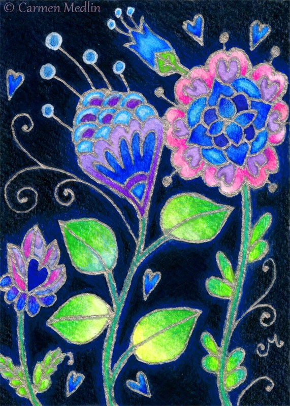 ACEO Silver Glow - Whimsical doodle fantasy flower Original Painting