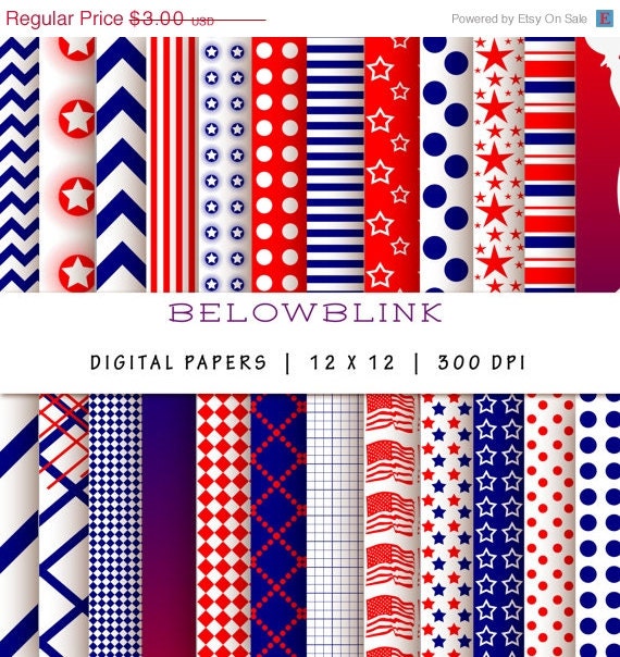 50% Off Sale 4th of July Digital Paper Pack, Scrapbook Papers, 24 jpg files 12 x 12 - Instant Download - DP162