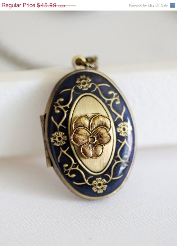 ON SALE Blue Flower Locket,Brass Locket, Something Blue ,Mom,Baby,Antiqued Locket,  Oval Locket,Wedding Locket