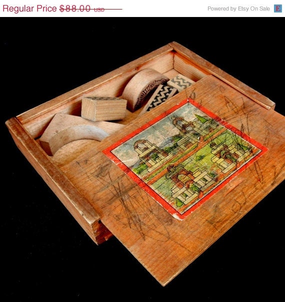 50% SALE Late Victorian BOX BLOCK Puzzel Game in Original Box signed by several Children  //  7"w  x  5" d  x  1/2" h  // approx 14-15 pcs