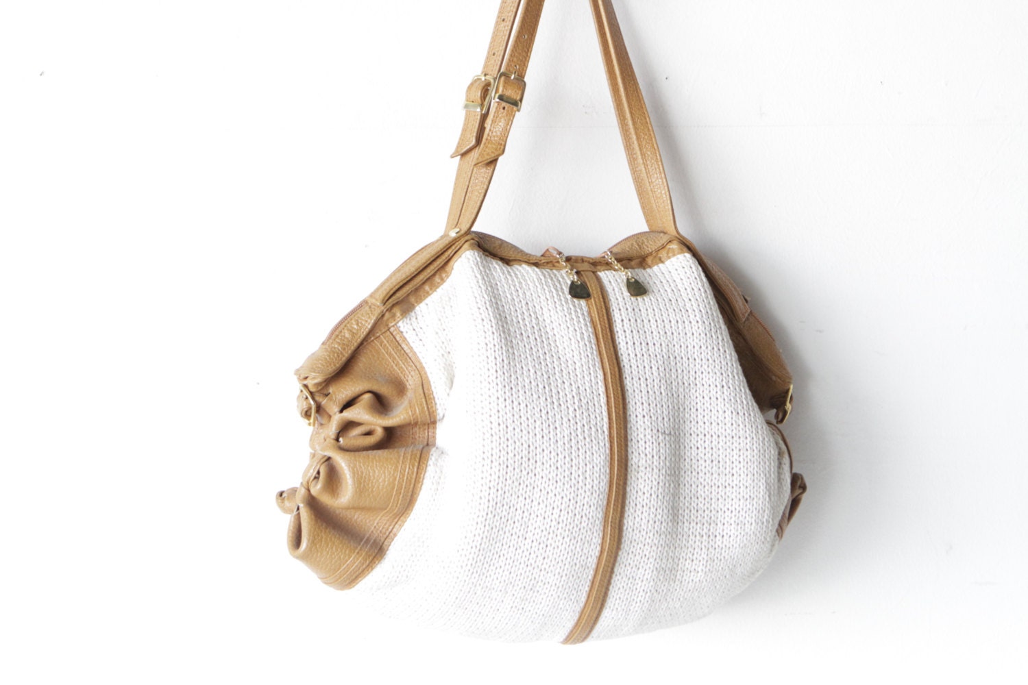 vintage 60s LEATHER & white woven HANDBAG purse