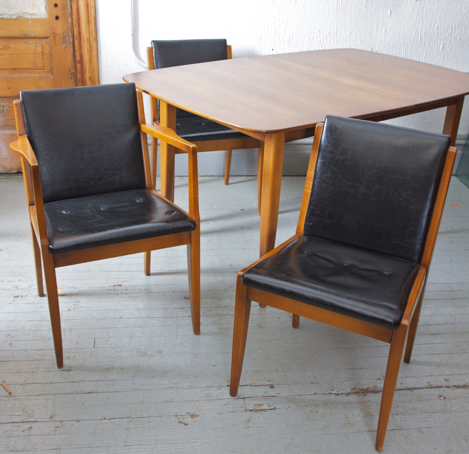 Mid Century Modern Solid Cherry Dining Set by Willet "Impact" Series - Four Naugahyde Chairs - Stunning - 50s 60s Mad Men