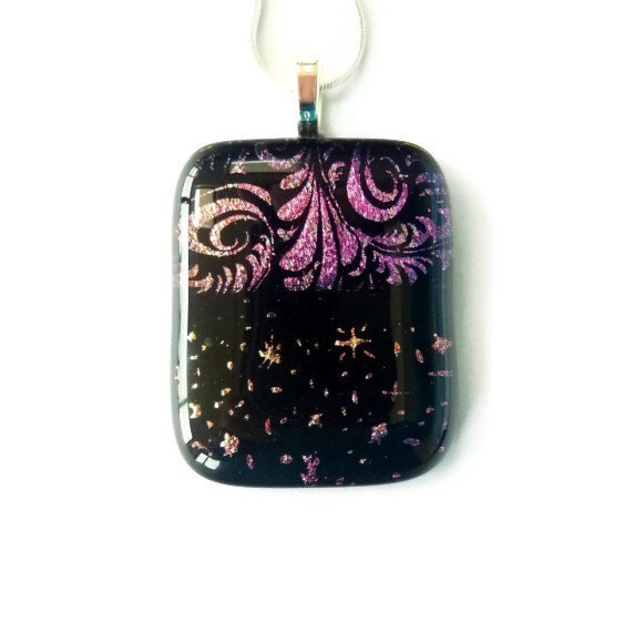 Fused glass pendant, pink gold dichroic glass pendant necklace