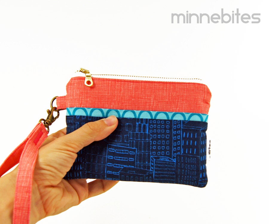 Blue City Mini Zip Wristlet by MinneBites / Handmade Navy Coral iPhone Wristlet - Small Zipper Wallet Pouch - Clutch Purse, ready to ship