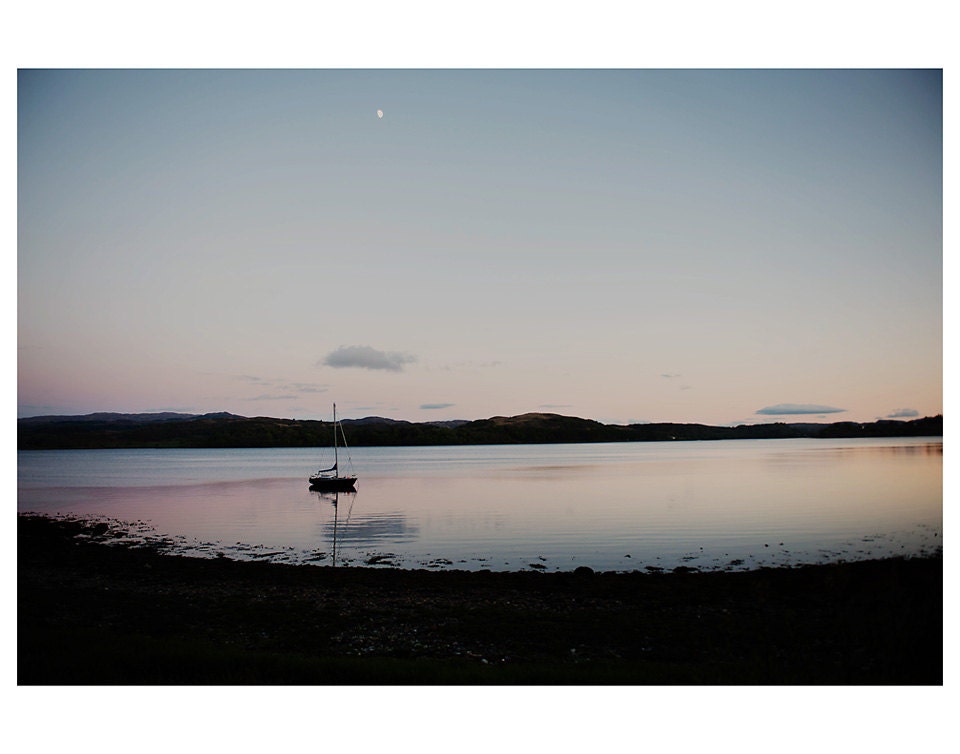 Loch boat water dusk color photo print - whimsical fine art landscape photography, reflection, pink, blue, peaceful