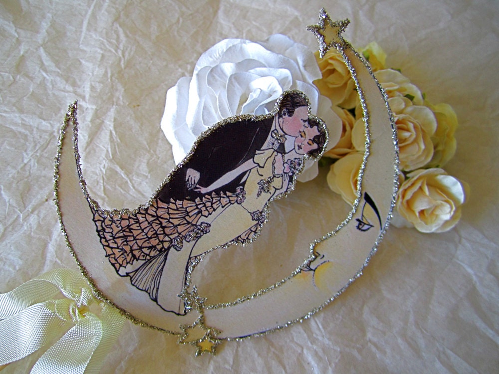 NEW Double -Sided Vintage Moon Wedding Cake Topper - Art Deco, Great Gatsby- Outlined in Silver Glitter